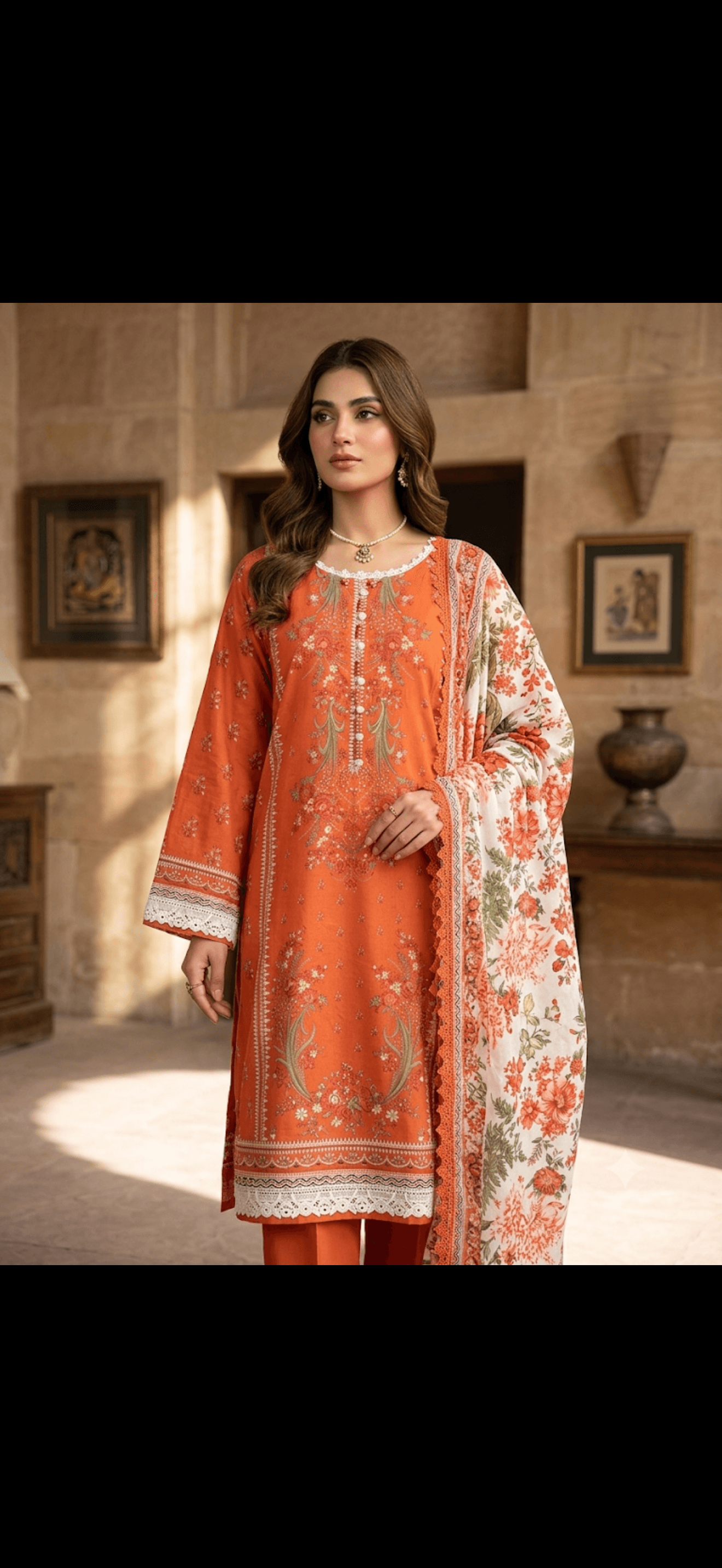 Vibrant Orange Floral Embroidered Kurta Set