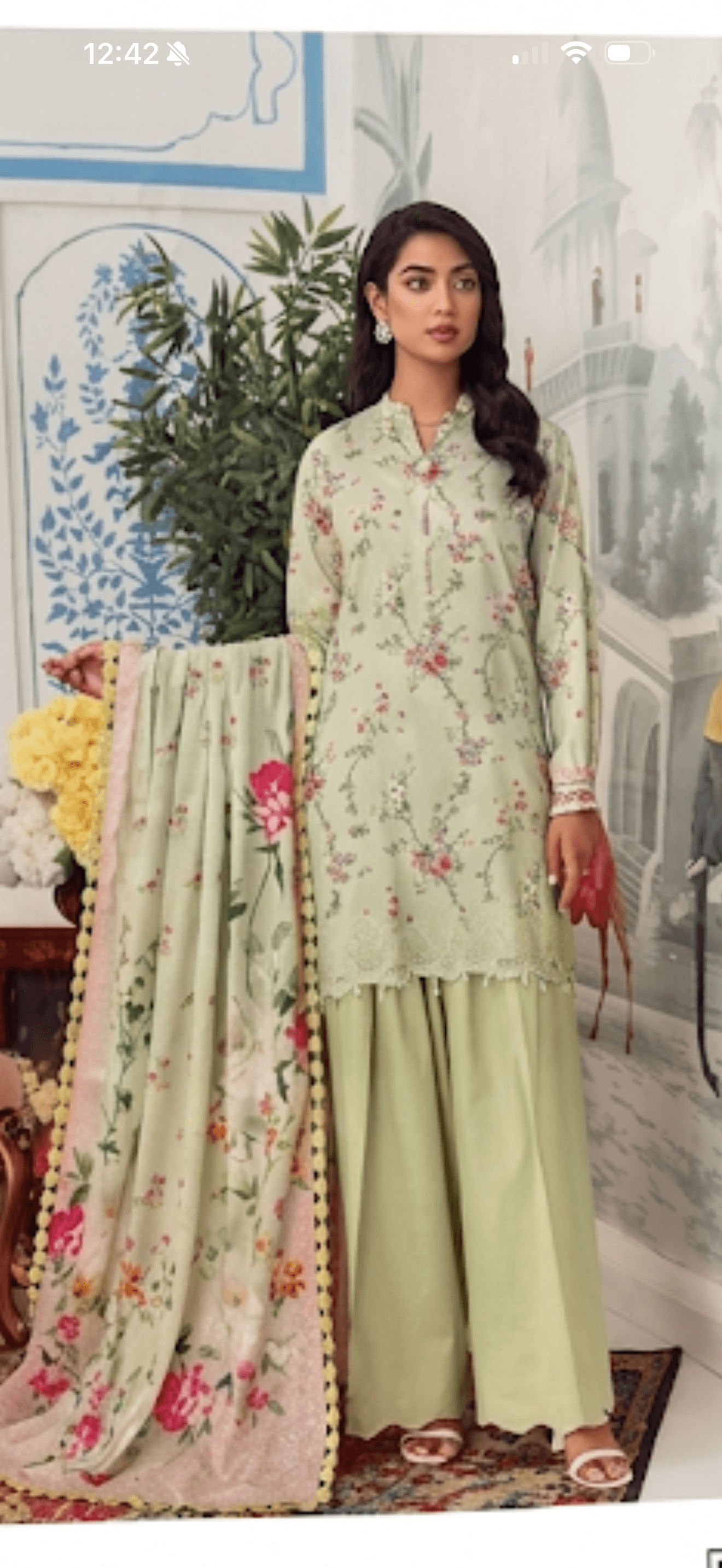 Pistachio Floral Embroidered Lawn Kurta Set