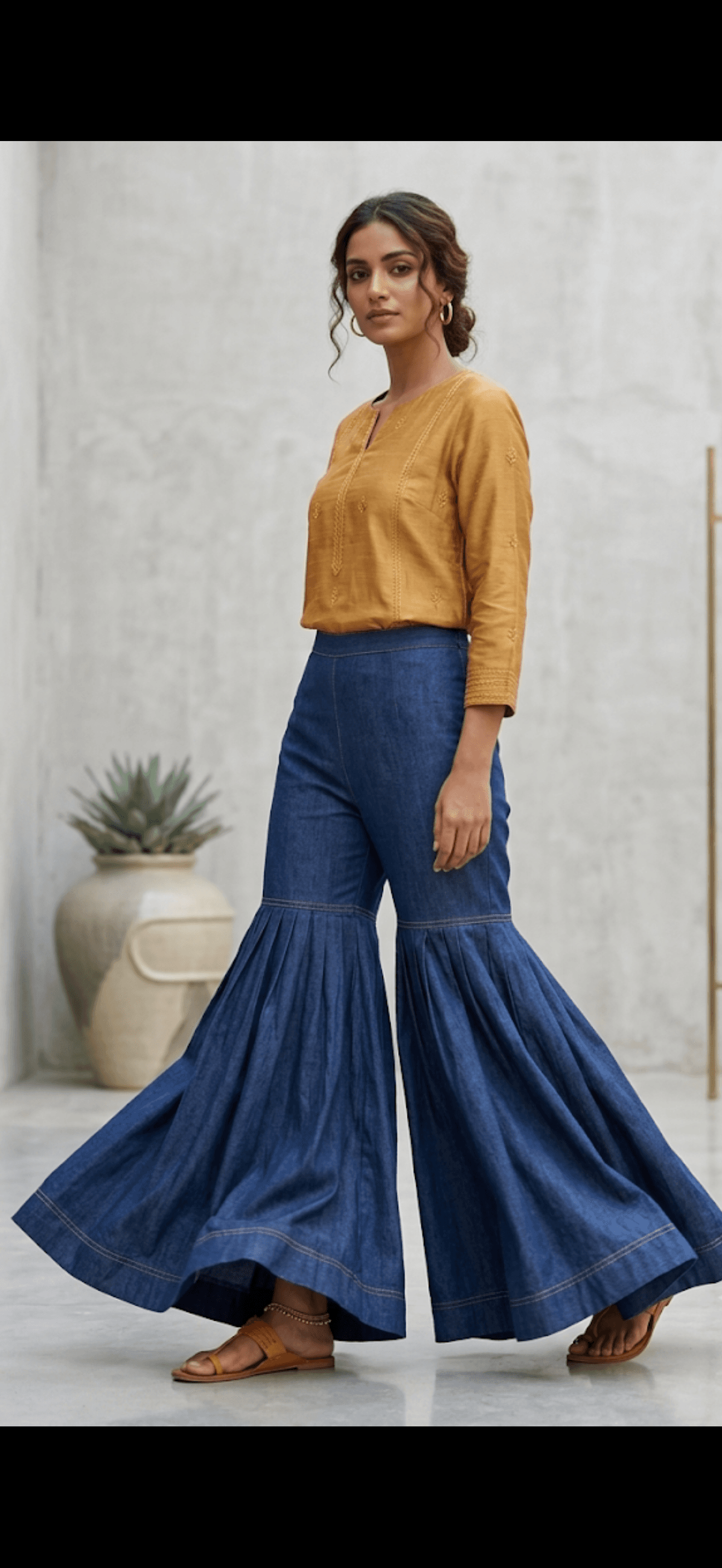 Denim Flare Palazzo Pants with Pleated Hem