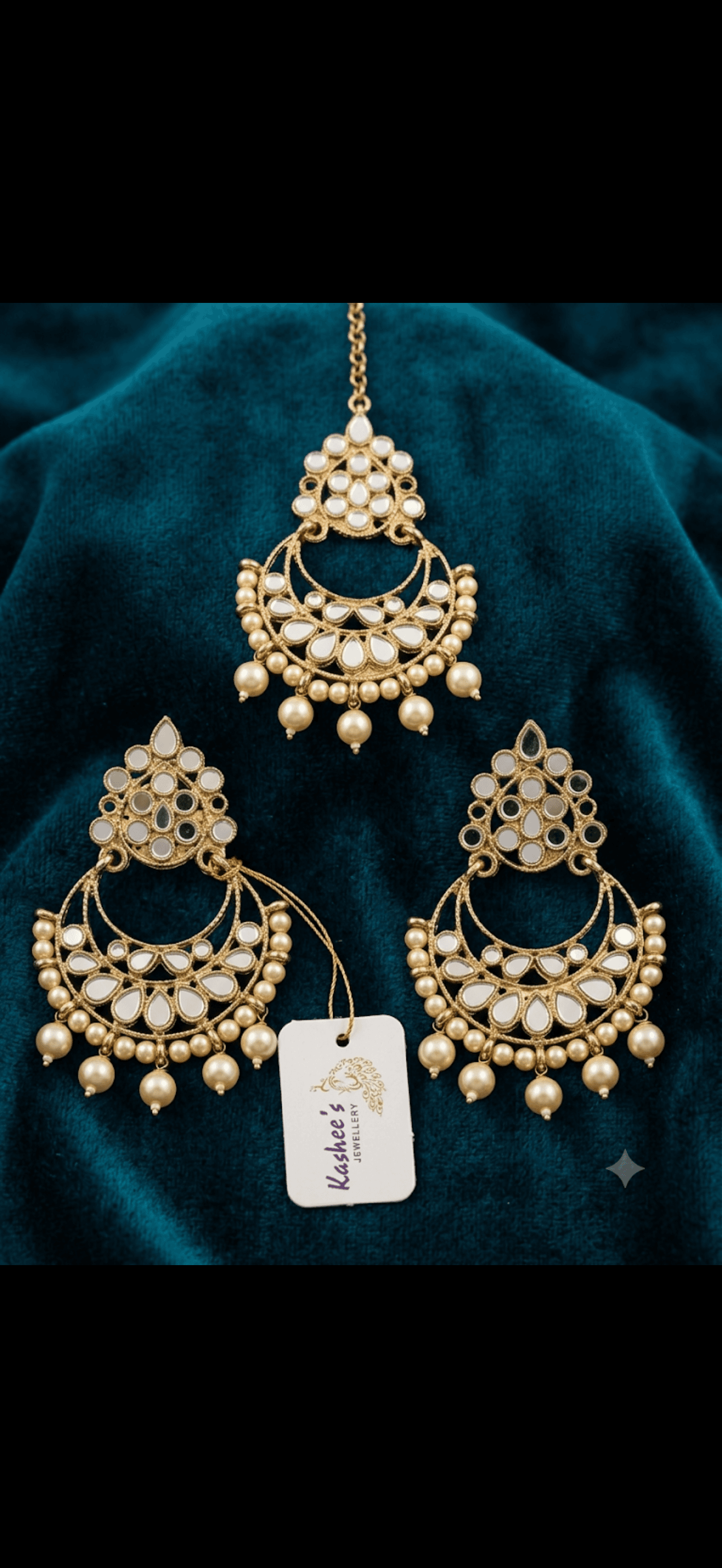 Elegant Gold & Coral Chandbali Earrings with Tikka 2