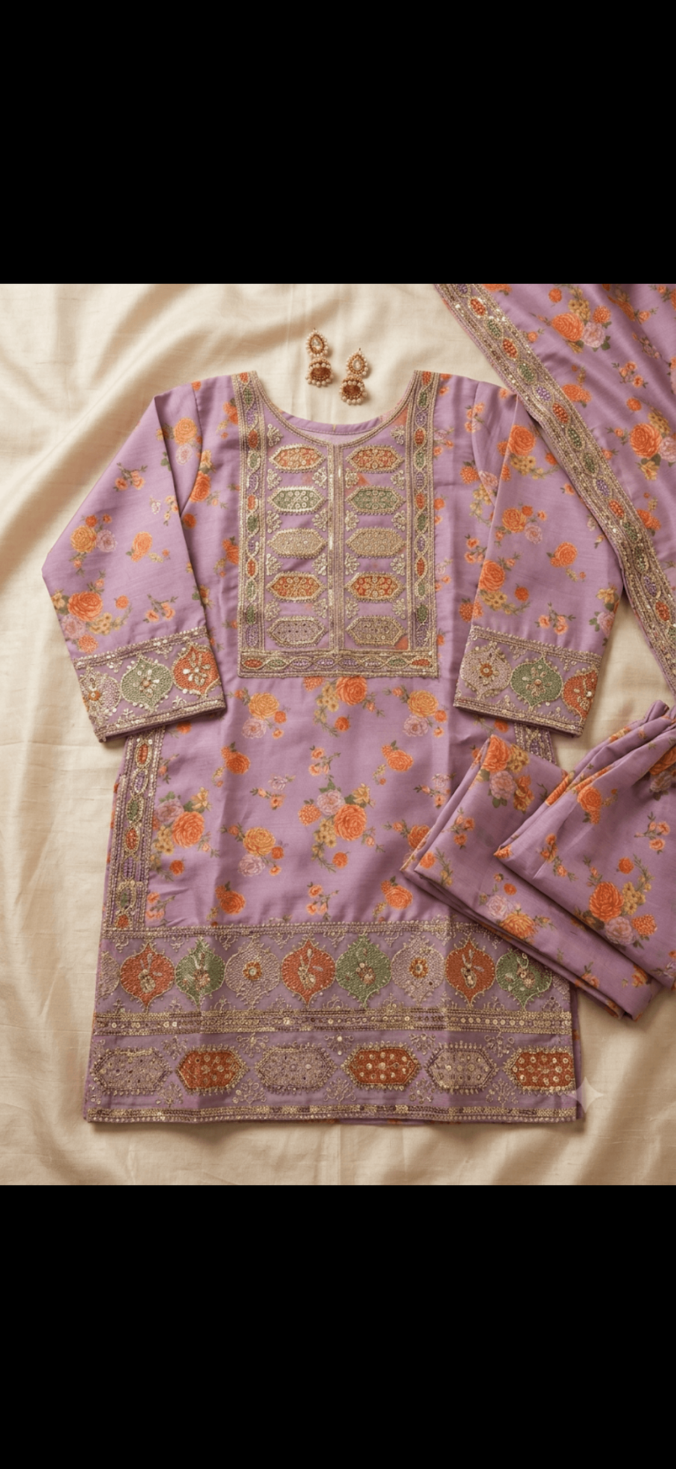 Lavender Floral Embroidered Kurta Set