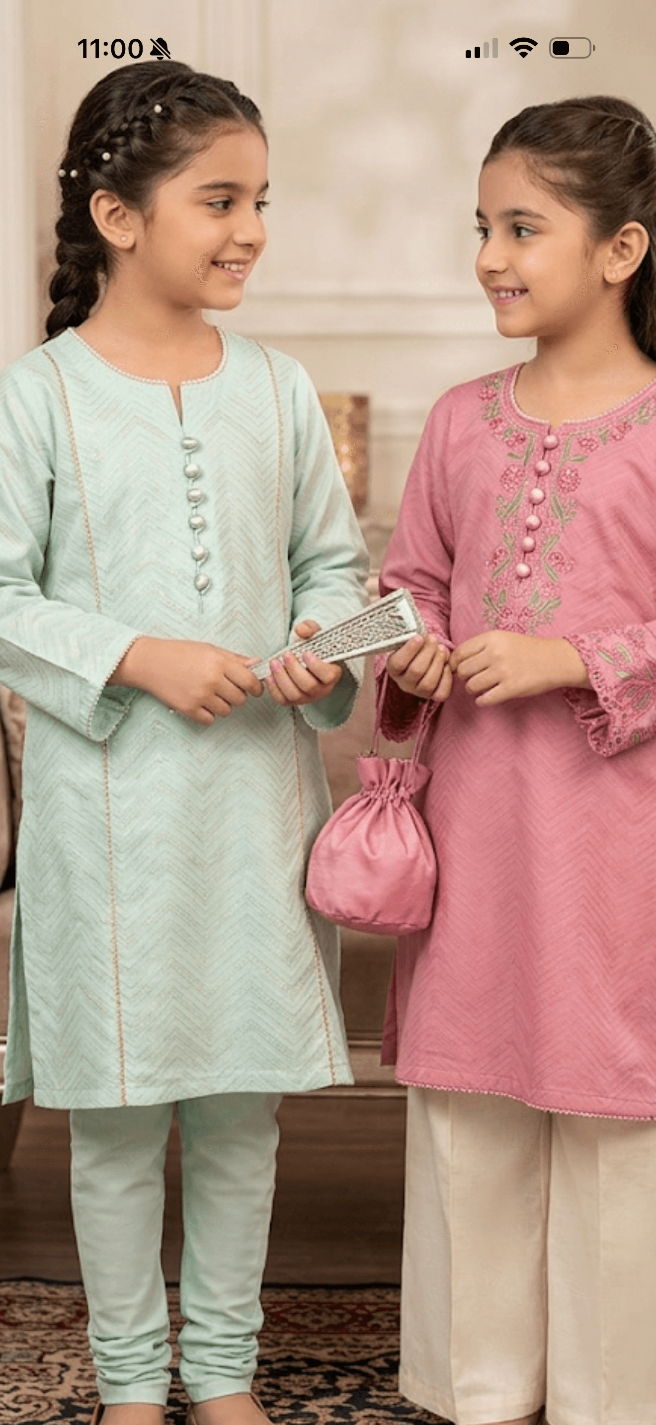 Girls' Mint Chevron Kurta Set with Pearl Details