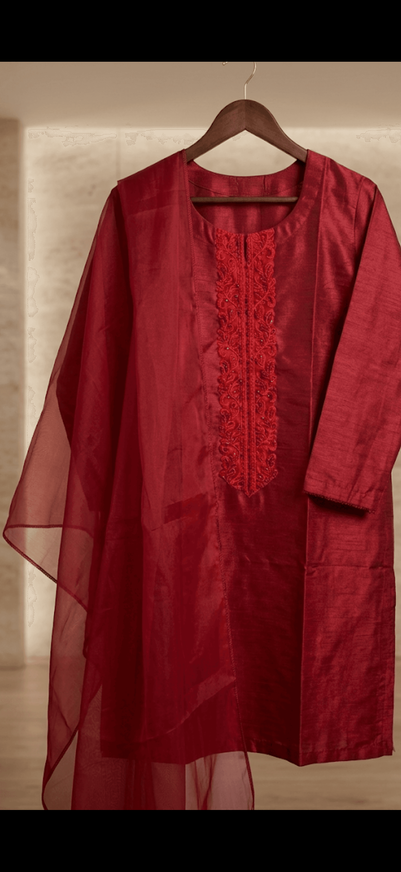 Crimson Embroidered Silk Kurta with Organza Dupatta