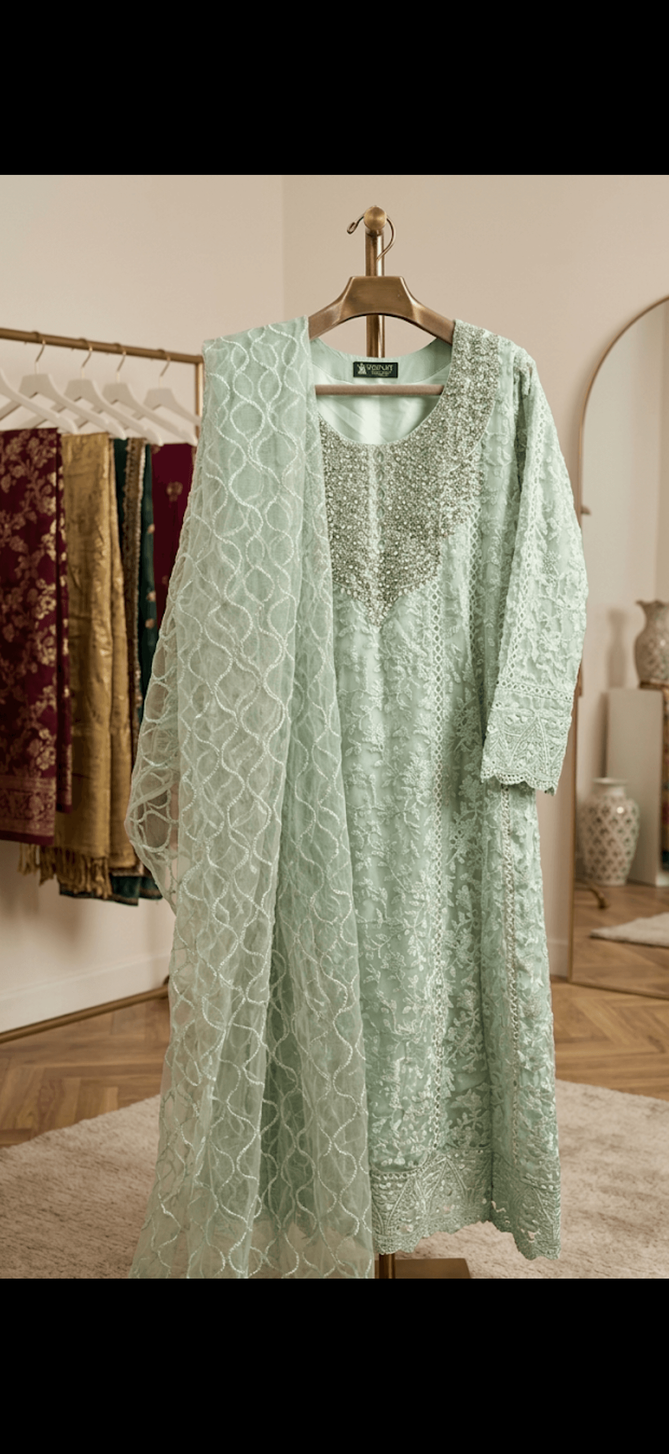 Embroidered Mint Green Net Kurta with Dupatta