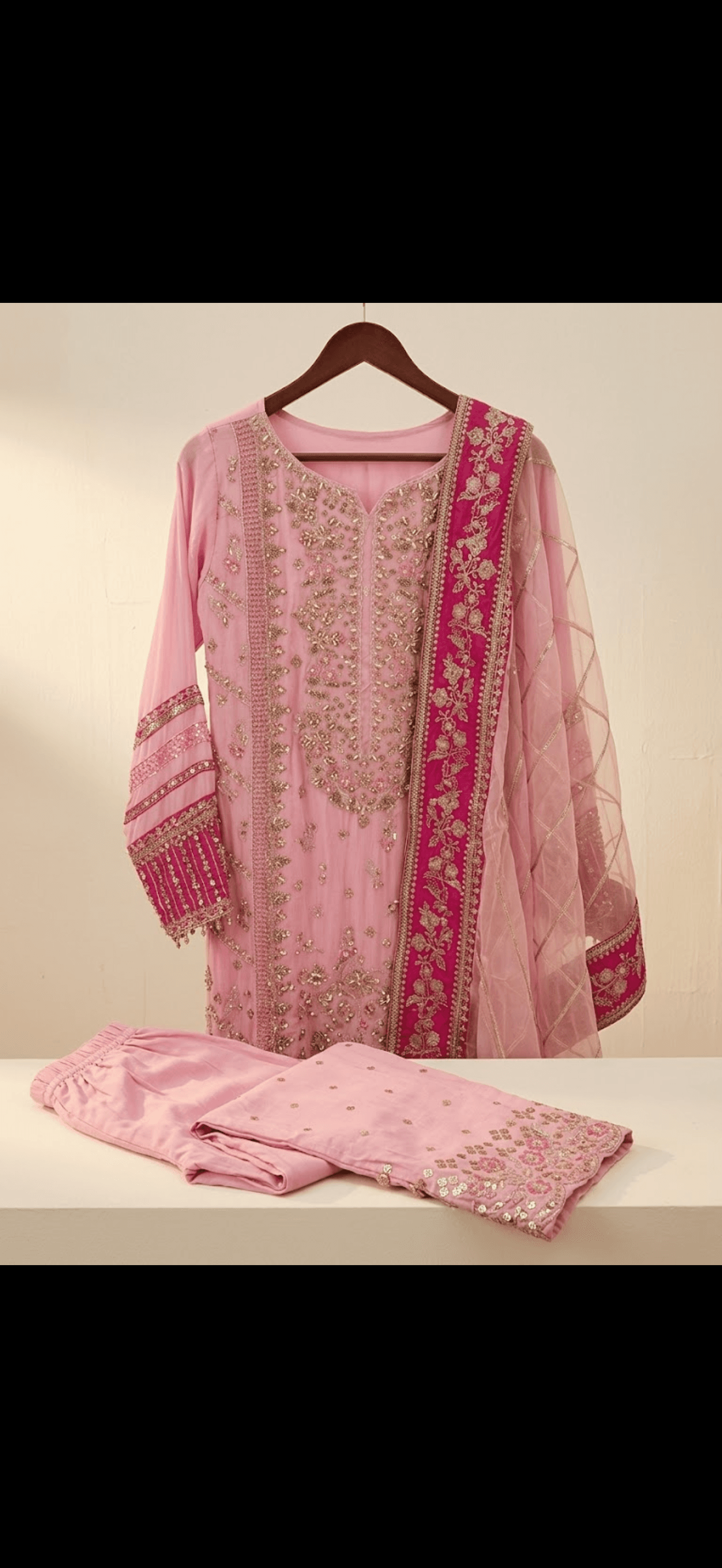 Embellished Pink Chikankari Kurta with Trousers