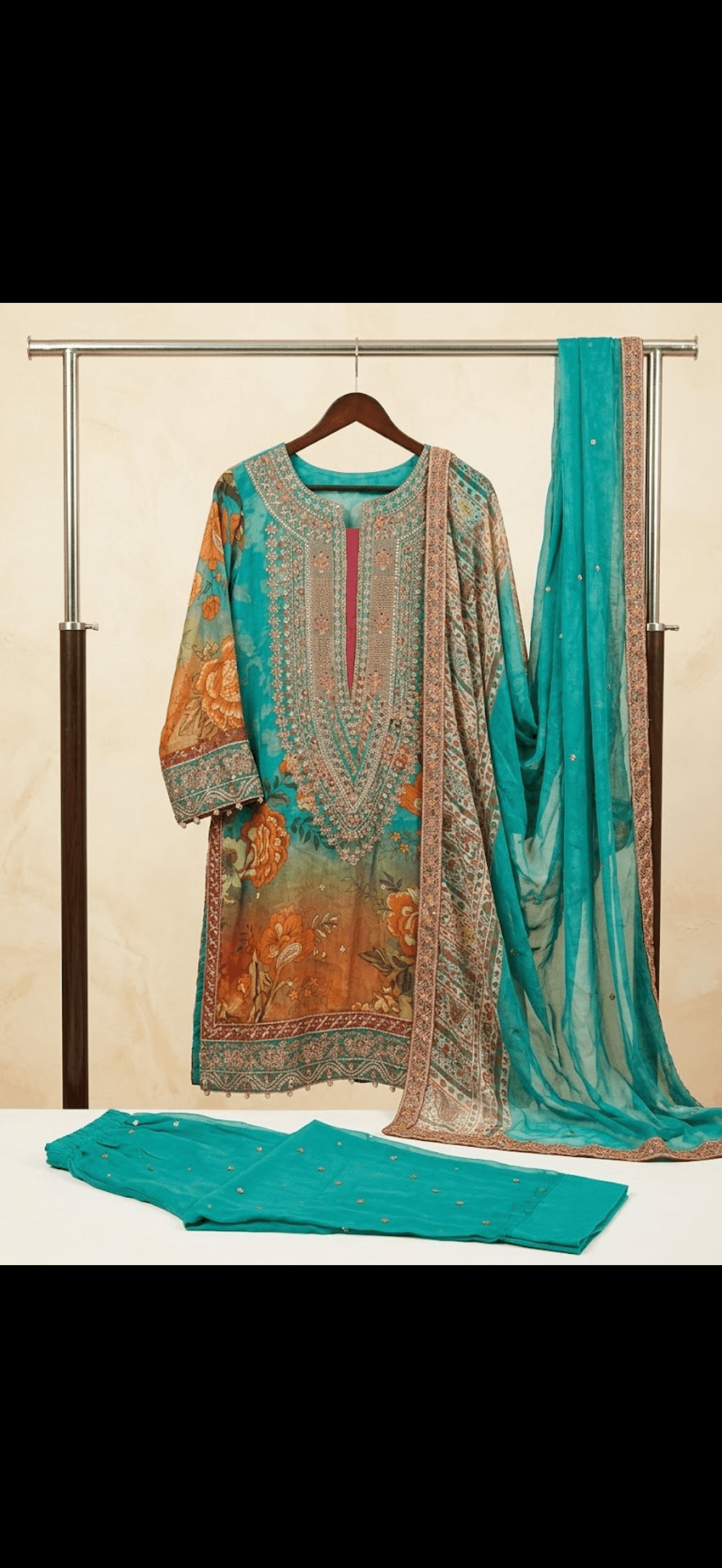 Embroidered Teal Floral Print Kurta Set