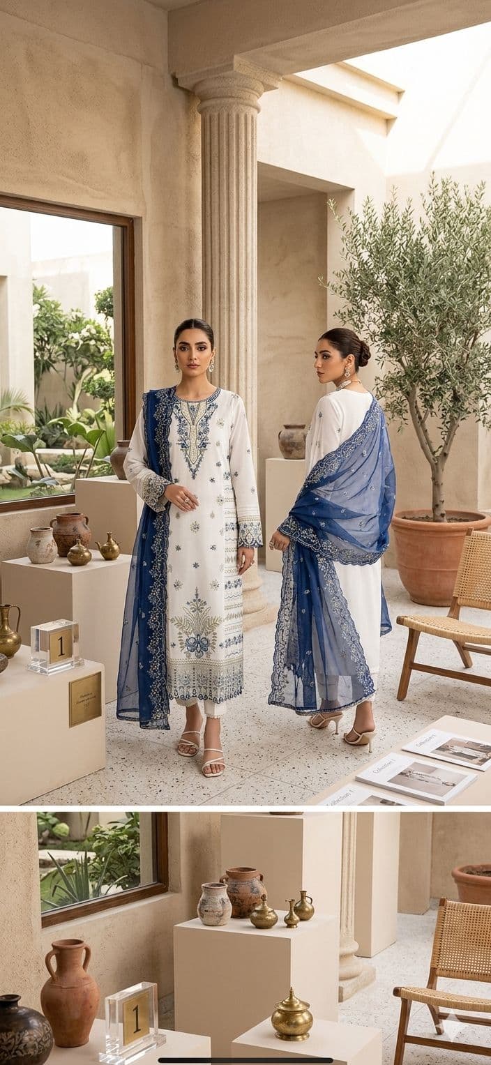 Elegant White Embroidered Kurta with Royal Blue Dupatta