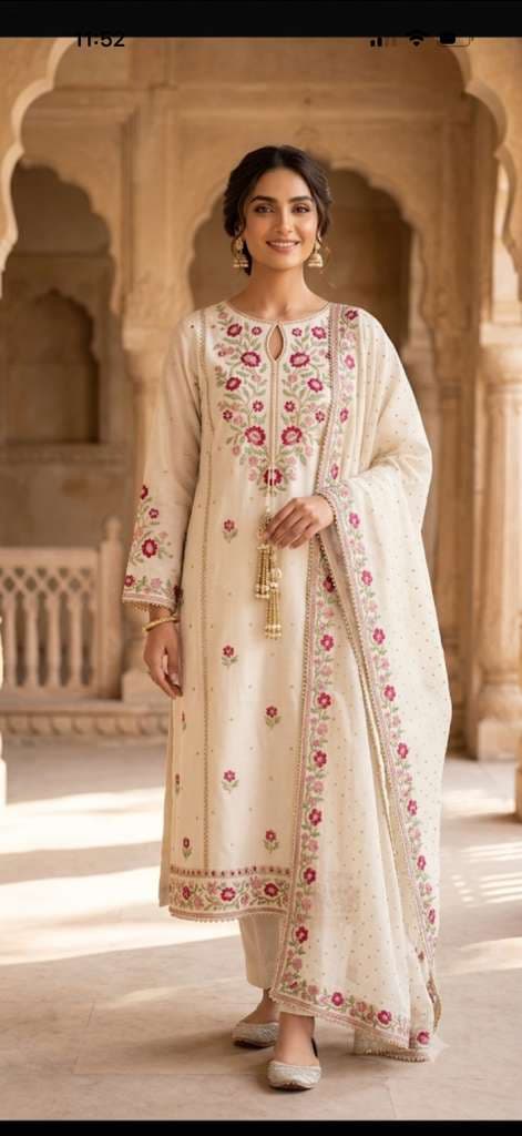 Elegant Embroidered Cream Kurta Set with Dupatta