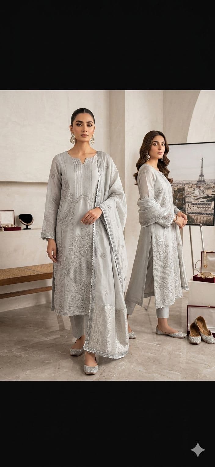 Elegant Silver Grey Embroidered Three Piece Suit