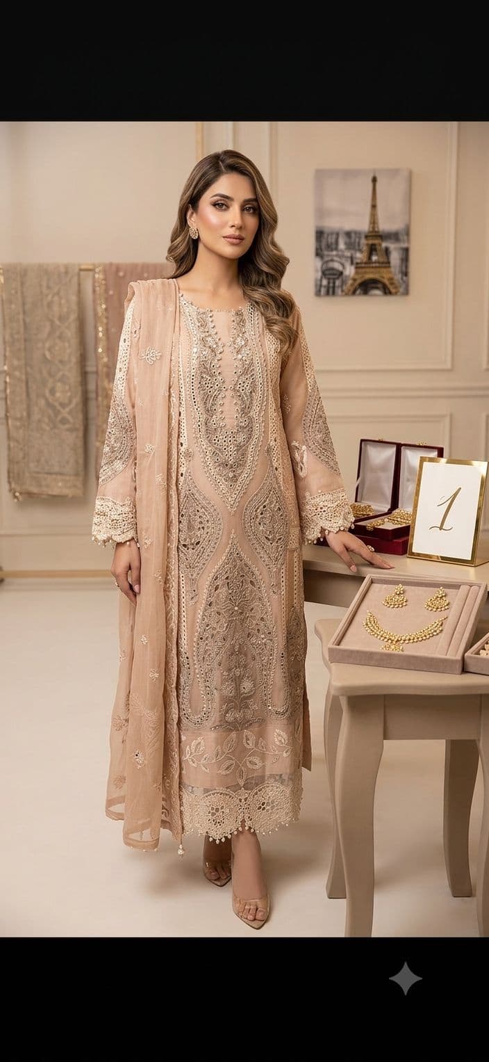 Chic Nude Embroidered Formal Kurta Set