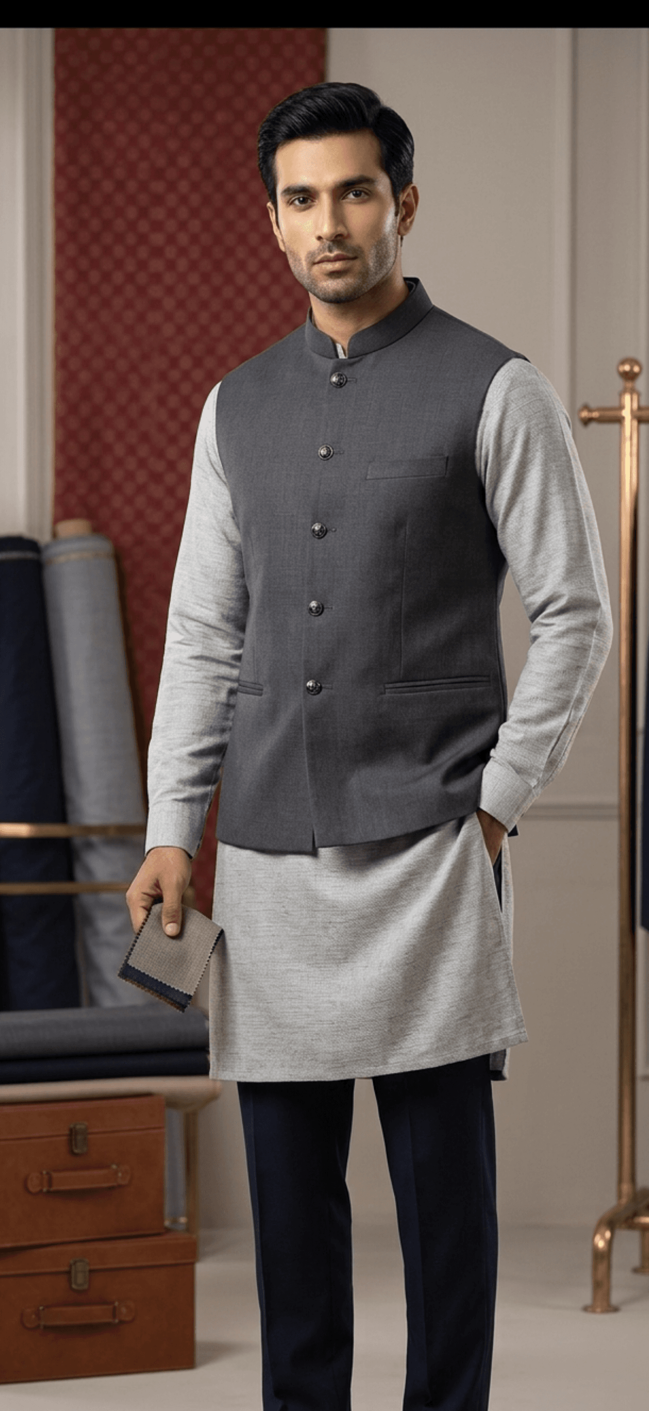 Men's Charcoal Grey Nehru Waistcoat Set