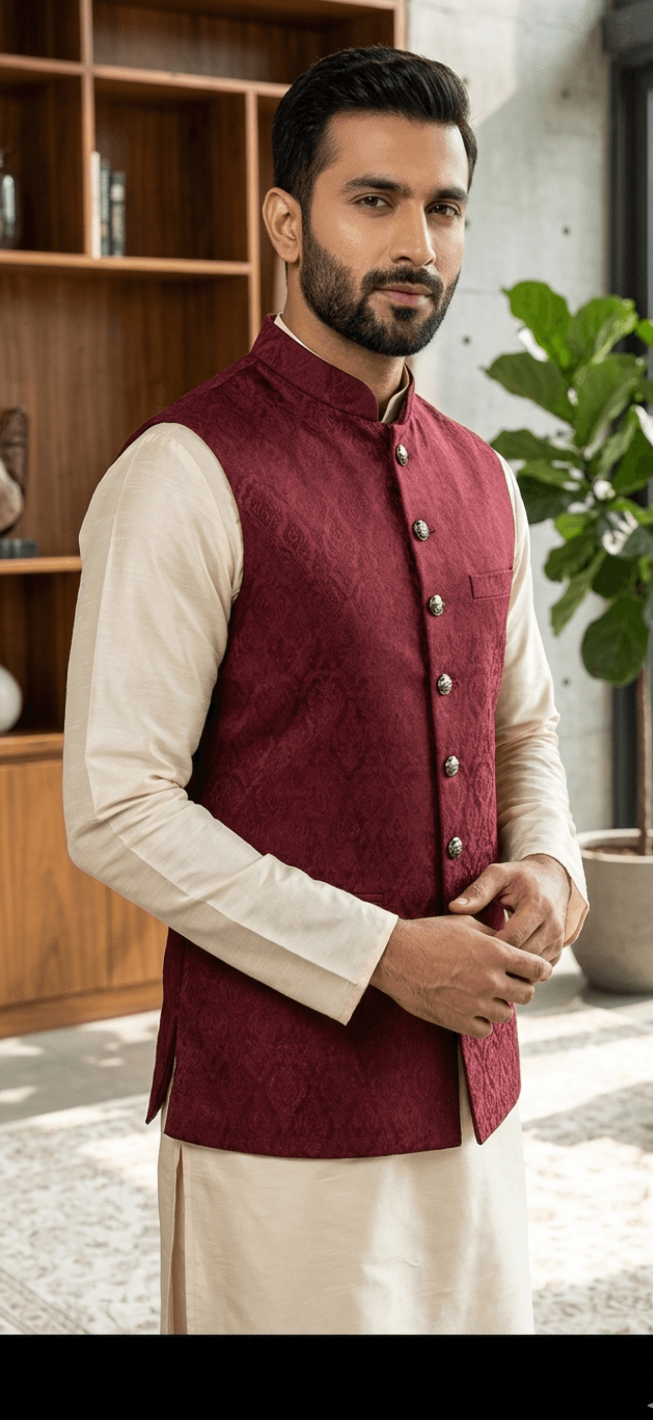 Elegant Red Embroidered Vest for Men