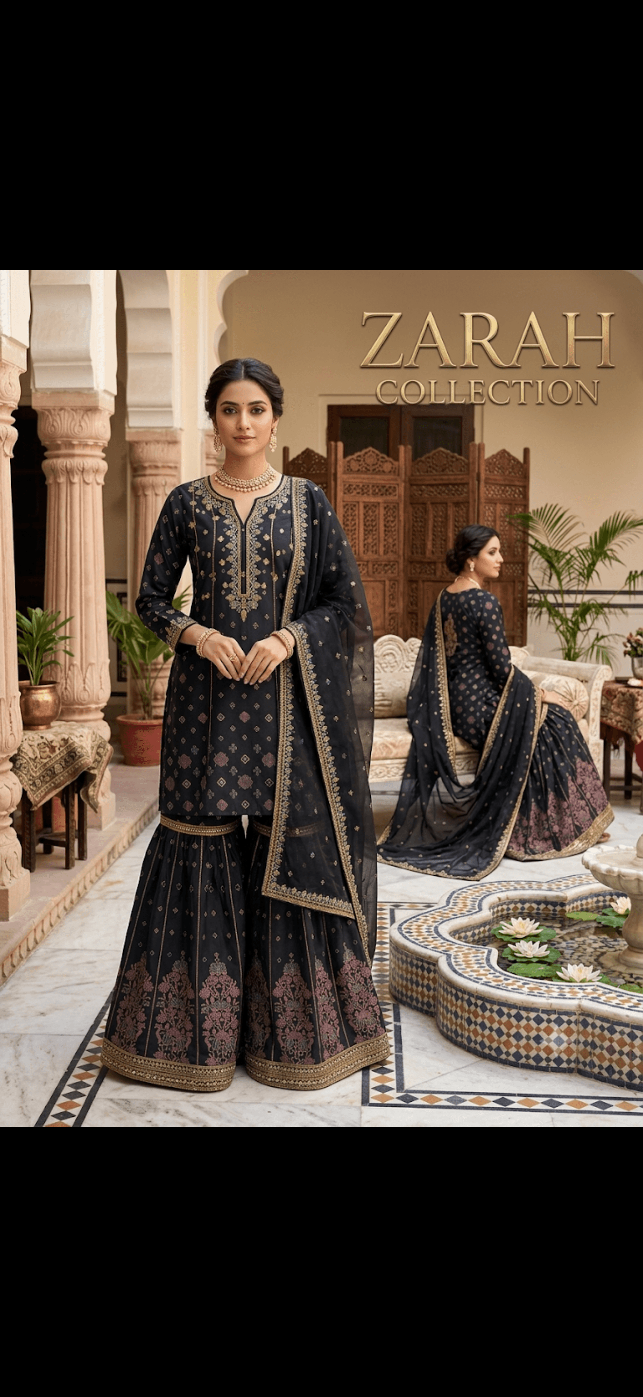 Midnight Elegance Embroidered Sharara Suit Set