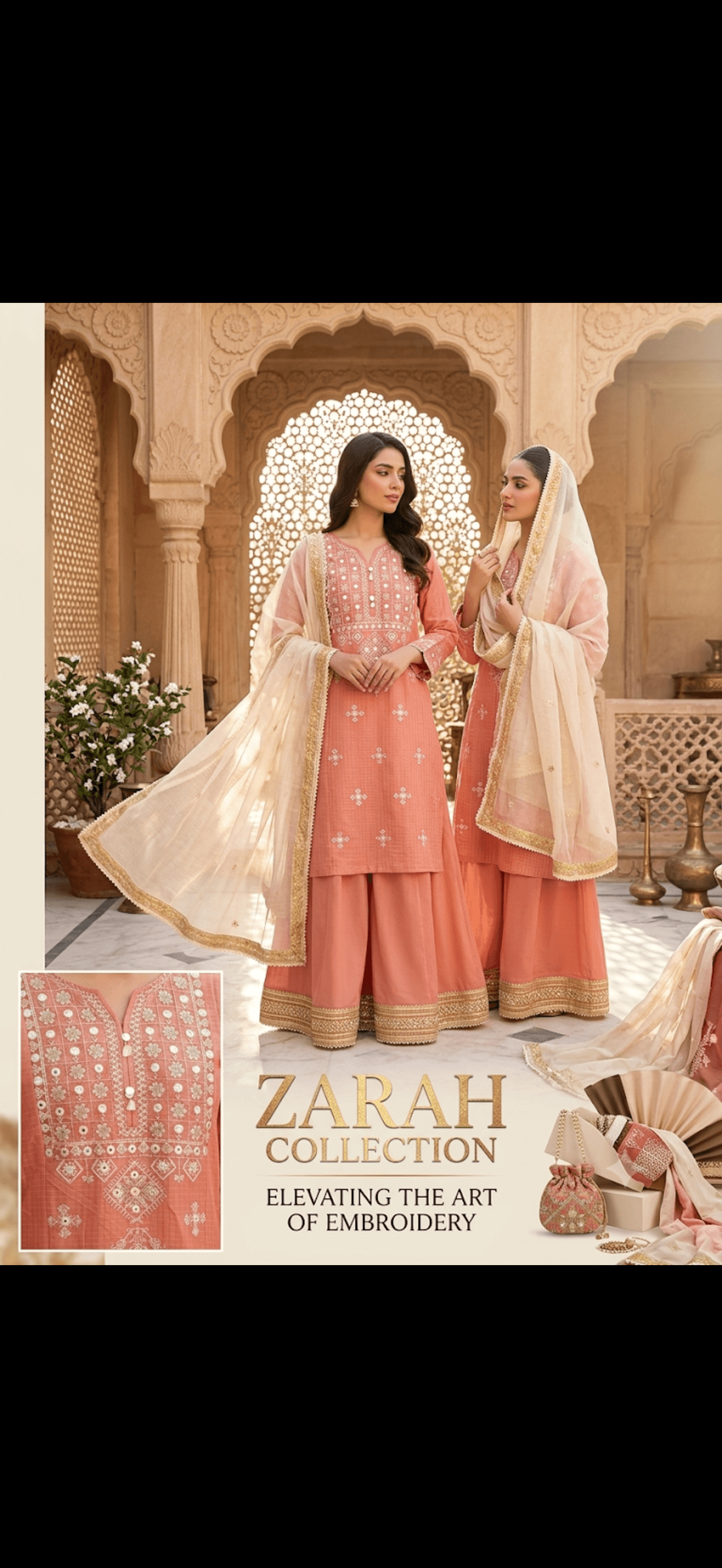 Peach Embroidered Gharara Suit Set
