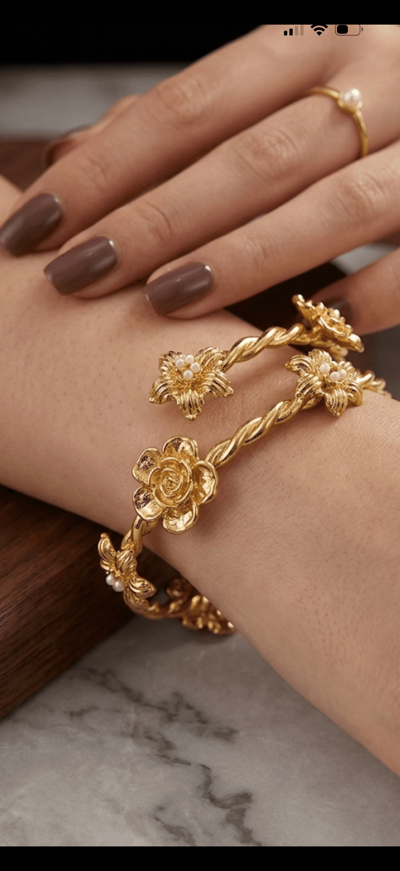 Golden Floral Pearl Open Cuff Bracelet