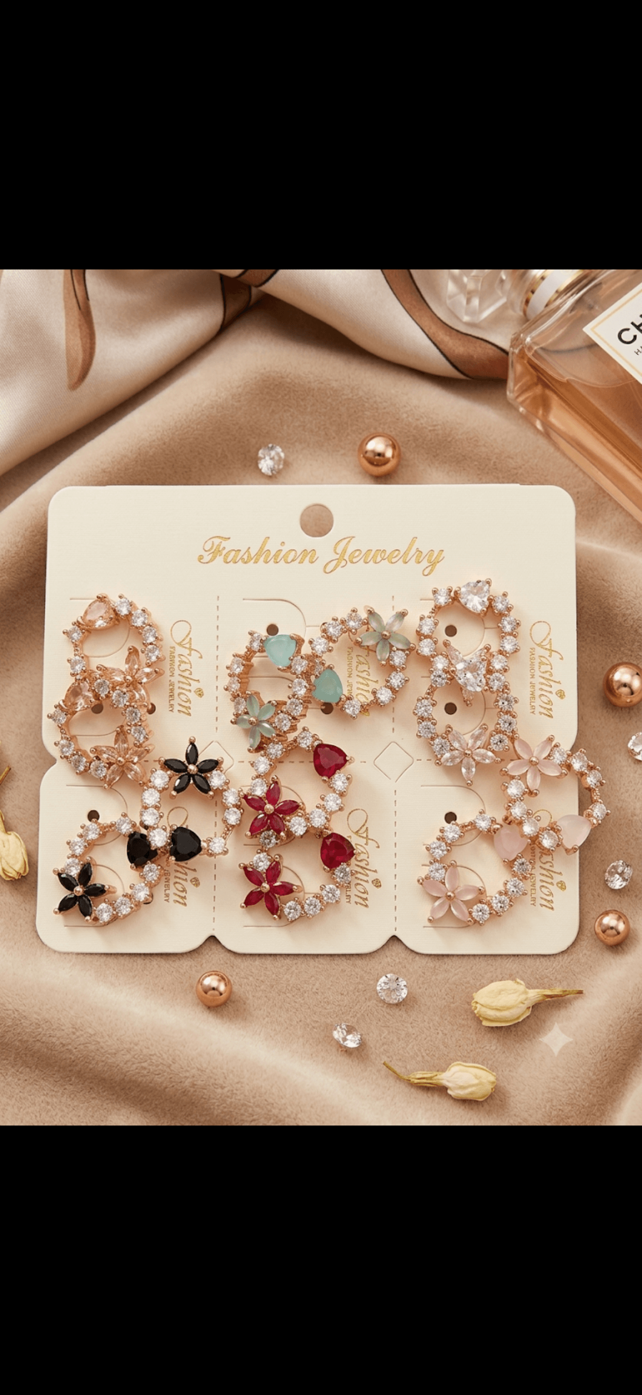 Sparkling Floral & Heart Charm Hoop Earrings