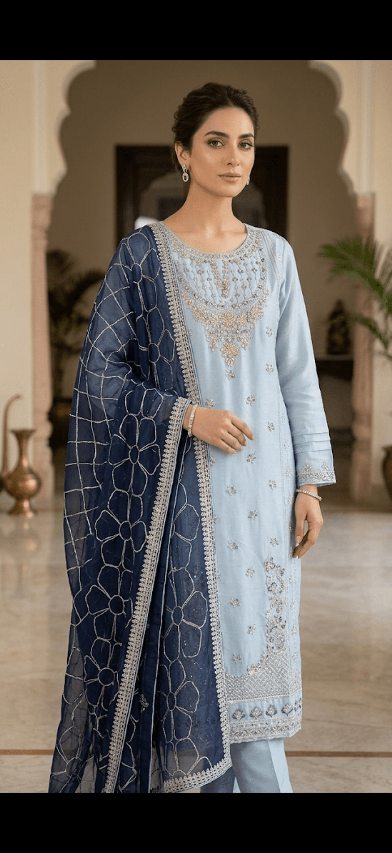 Embellished Sky Blue Cotton Silk Suit Set