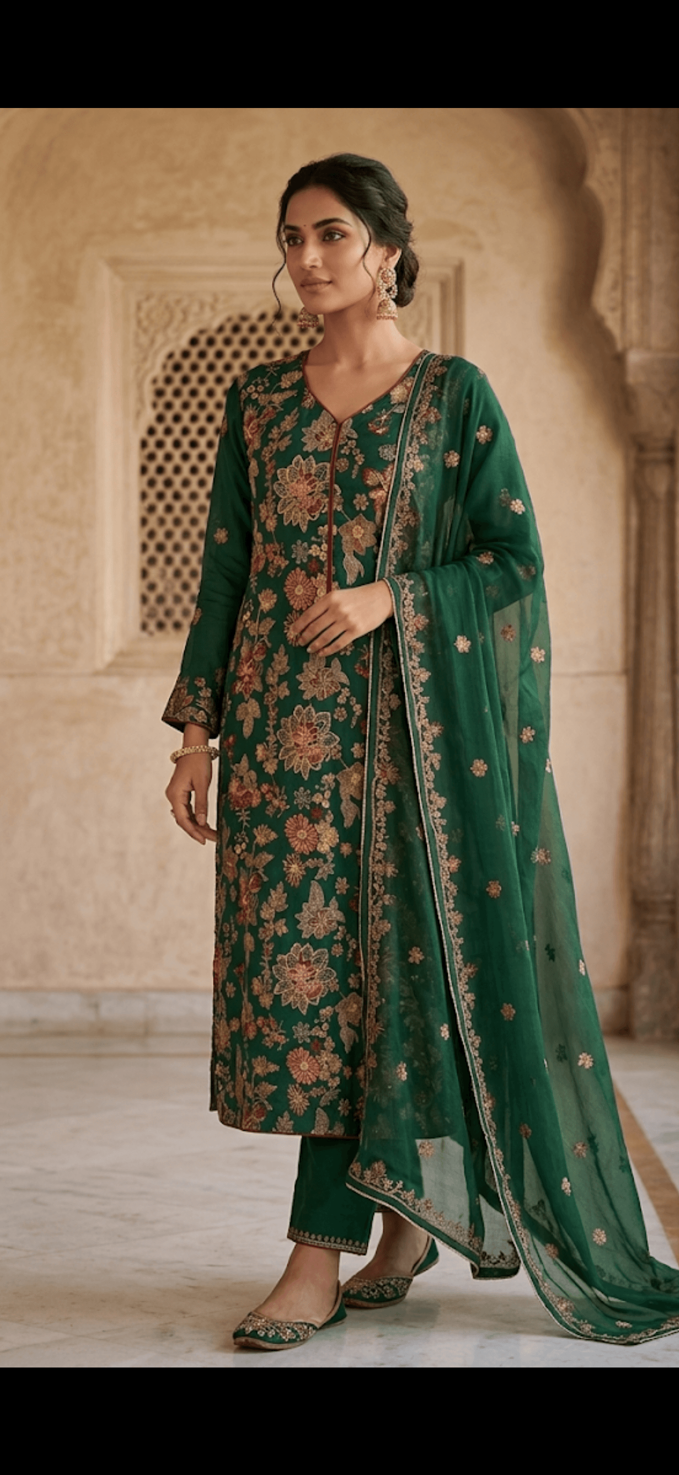 Emerald Green Embroidered Silk Suit Set