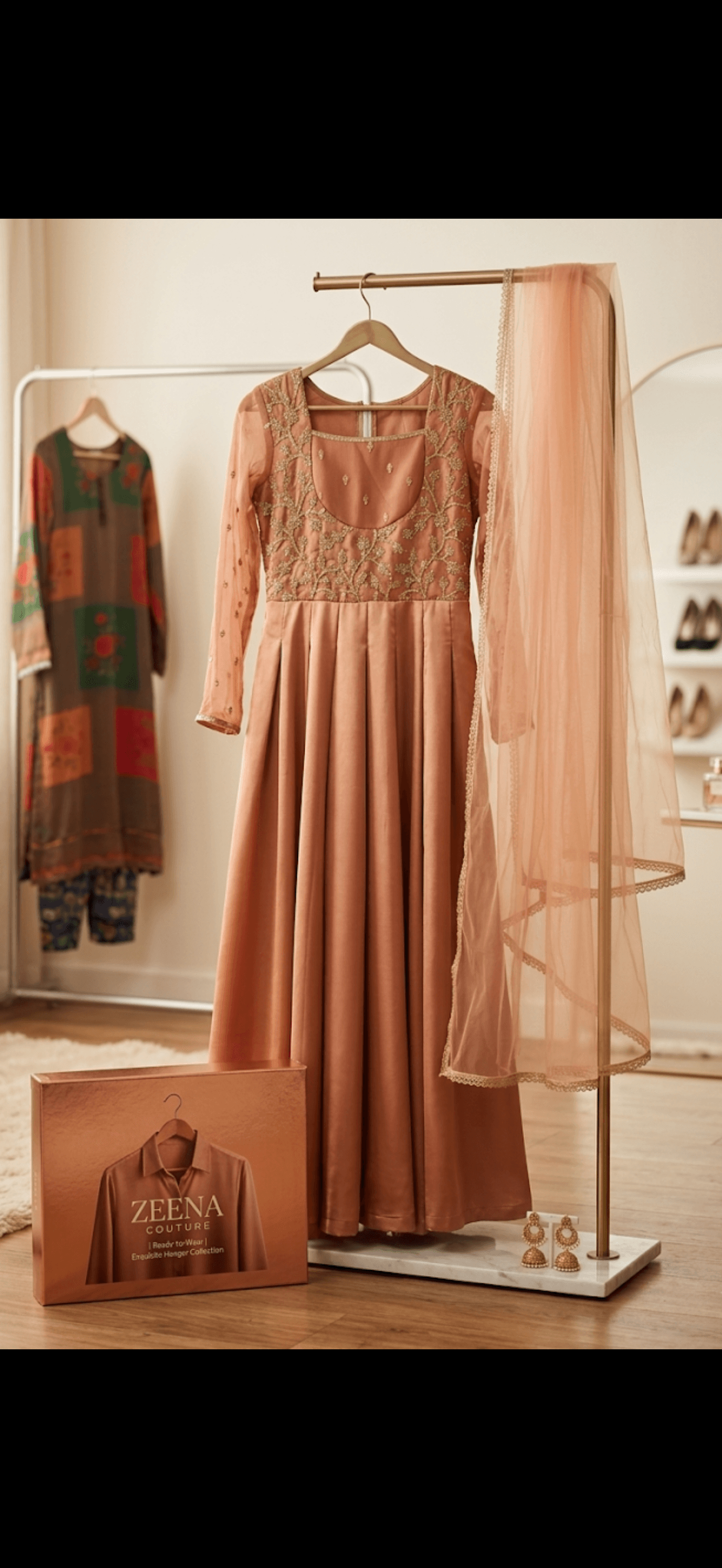 Embroidered Peach Anarkali Suit with Net Dupatta