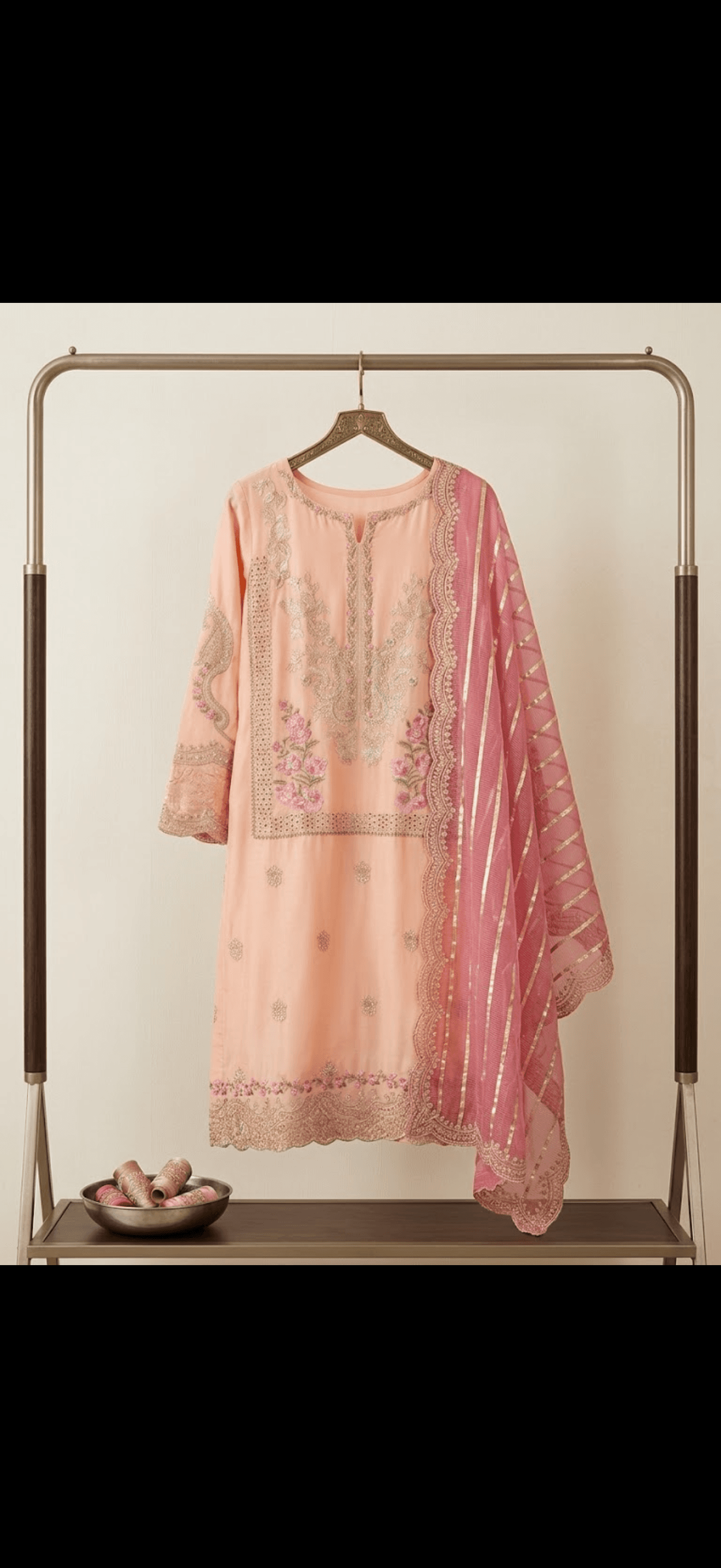 Embroidered Peach Kurta with Rose Dupatta