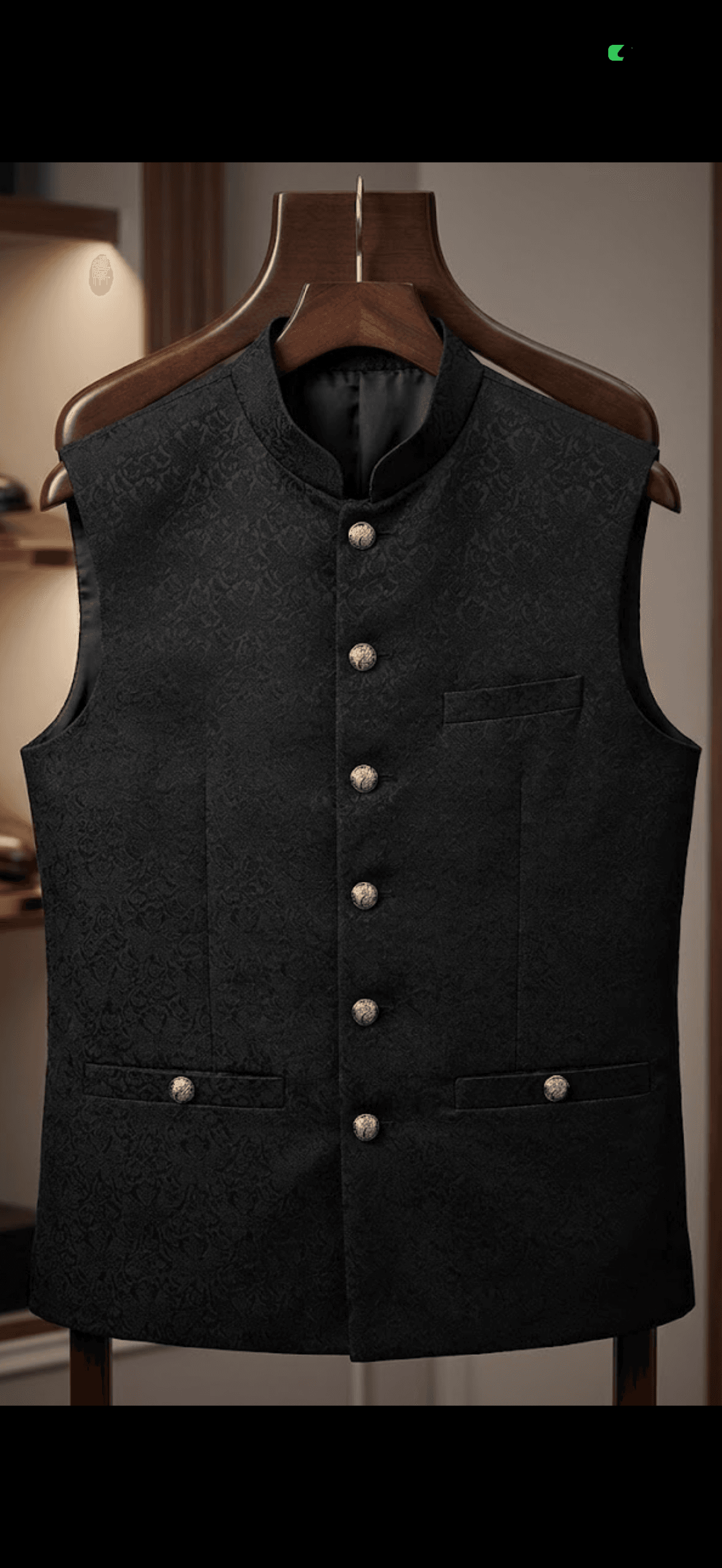 Elegant Black Jacquard Band Collar Waistcoat