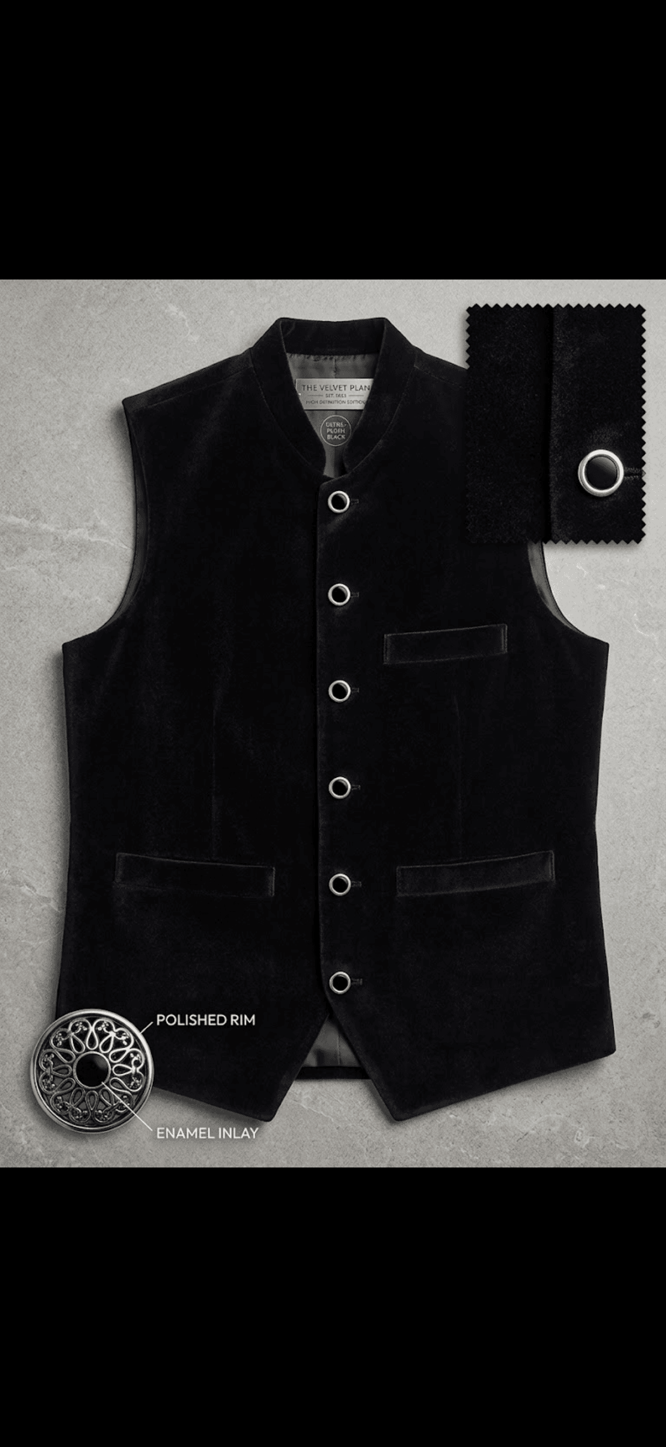 Elegant Black Velvet Mandarin Collar Vest